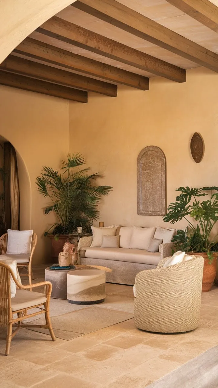 In this Mediterranean haven, sunlight dances through hidden windows, casting a warm glow on cozy furnishings and lush plants that invite both conversation and serene reflection.