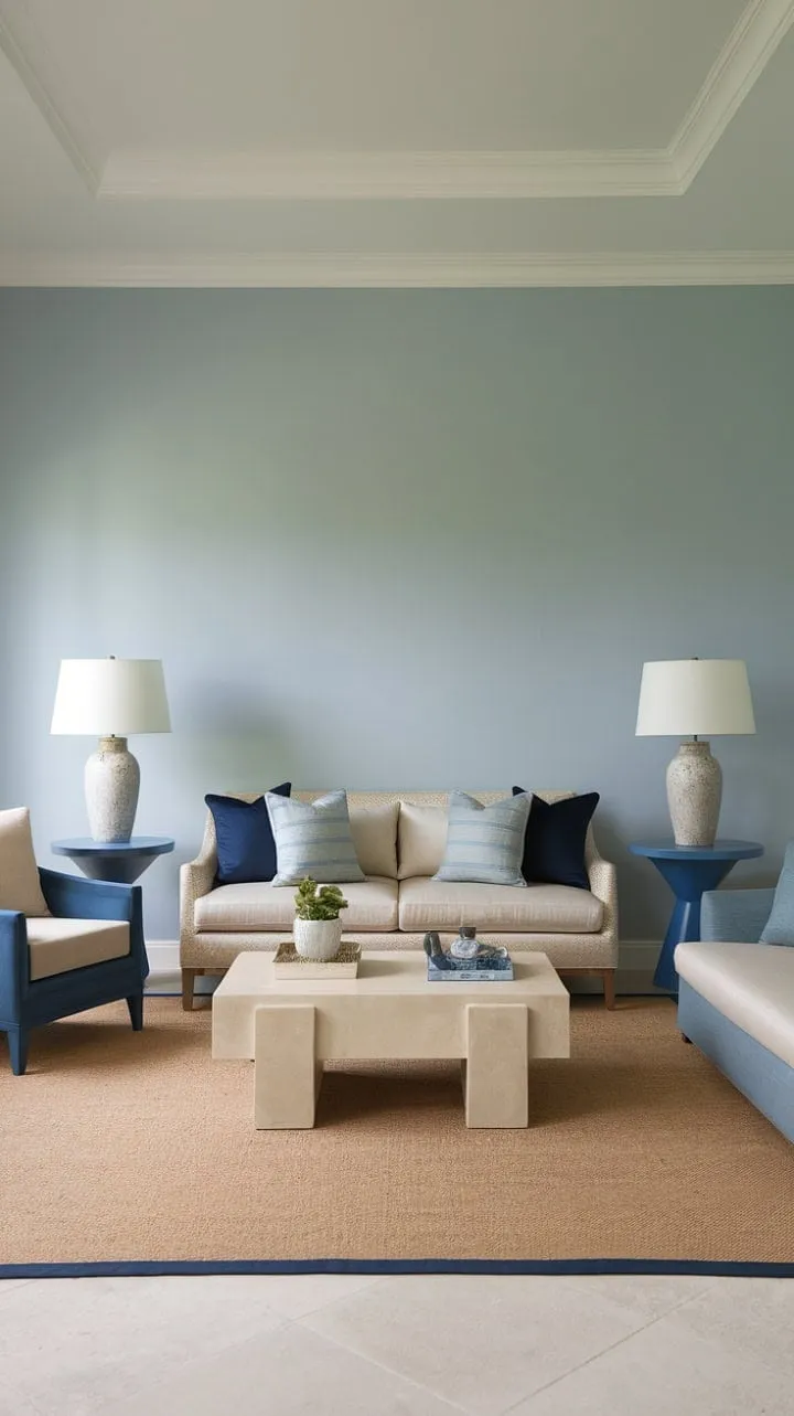 Nestled in a serene Mediterranean-inspired haven, the plush beige sofa and soothing blue accents create an inviting sanctuary that beckons relaxation and effortless elegance.