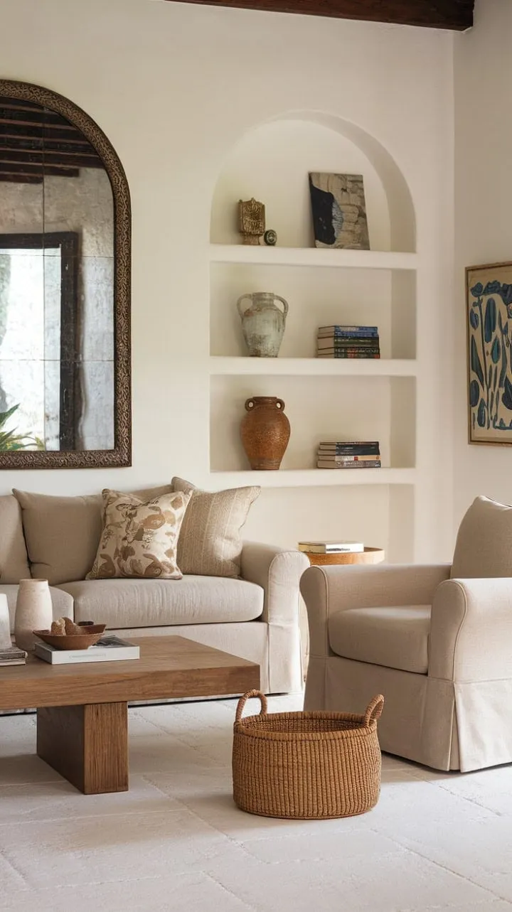 This Mediterranean-inspired living room exudes quiet elegance, blending a serene neutral palette with warm wooden accents and thoughtful decor for a tranquil retreat.