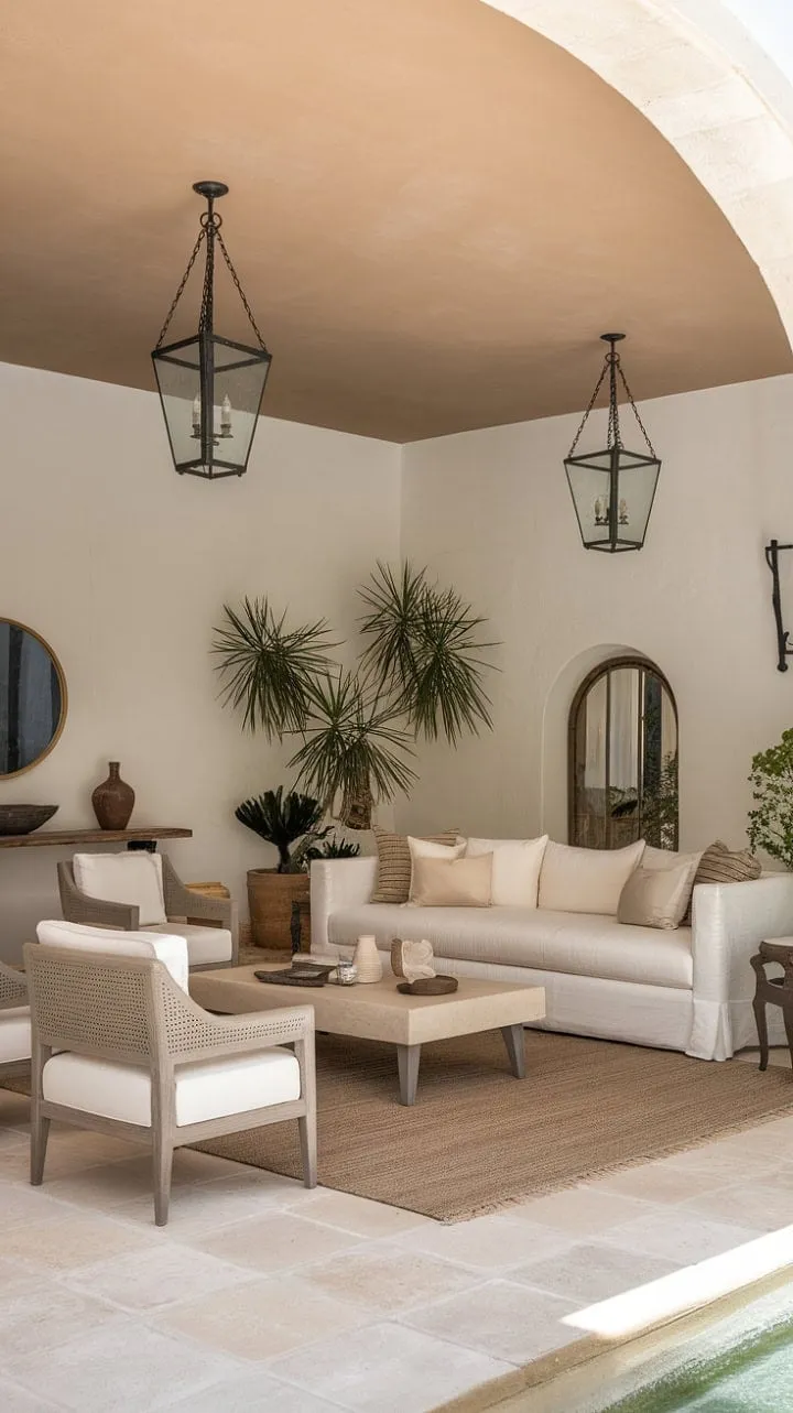 Bathed in sunlight, this Mediterranean-style living room exudes relaxed sophistication with its beige sofa, terracotta tiles, and serene decorative accents, creating a tranquil sanctuary.