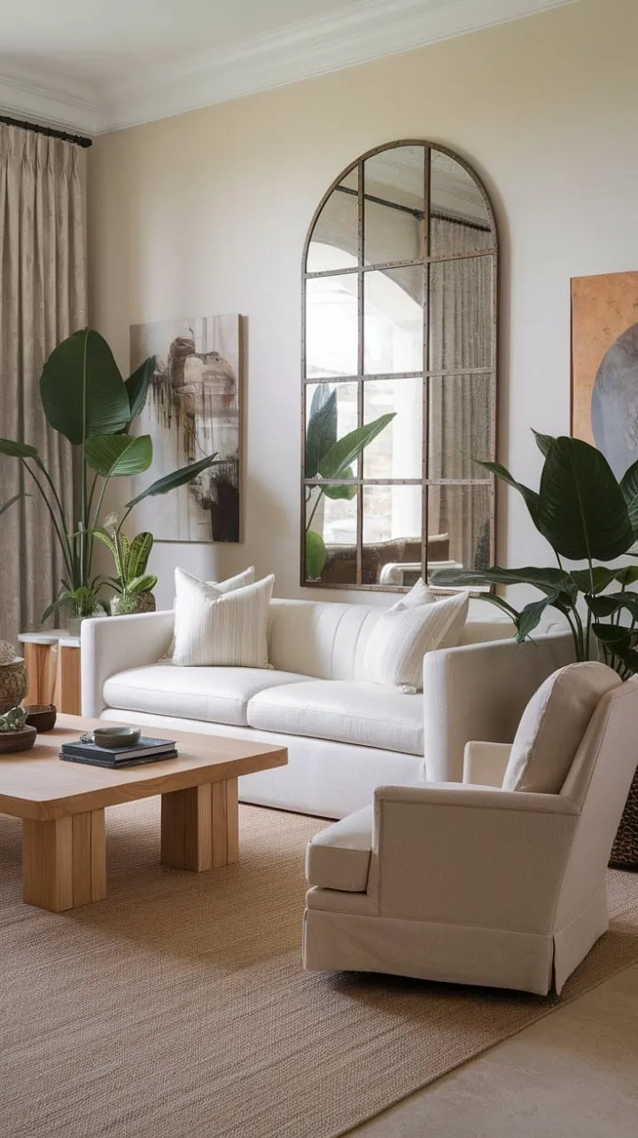 Sunlight bathes the elegantly inviting Mediterranean living room, where a white sofa and beige armchair harmonize with potted plants and art, exuding effortless style.