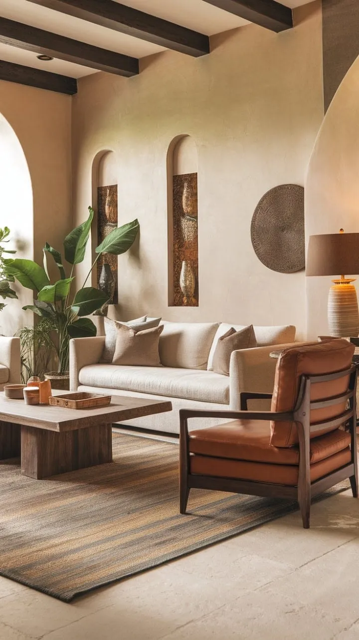 In this sunlit Mediterranean retreat, a plush beige sofa invites you to bask in a harmonious blend of effortless chic and sophisticated warmth.