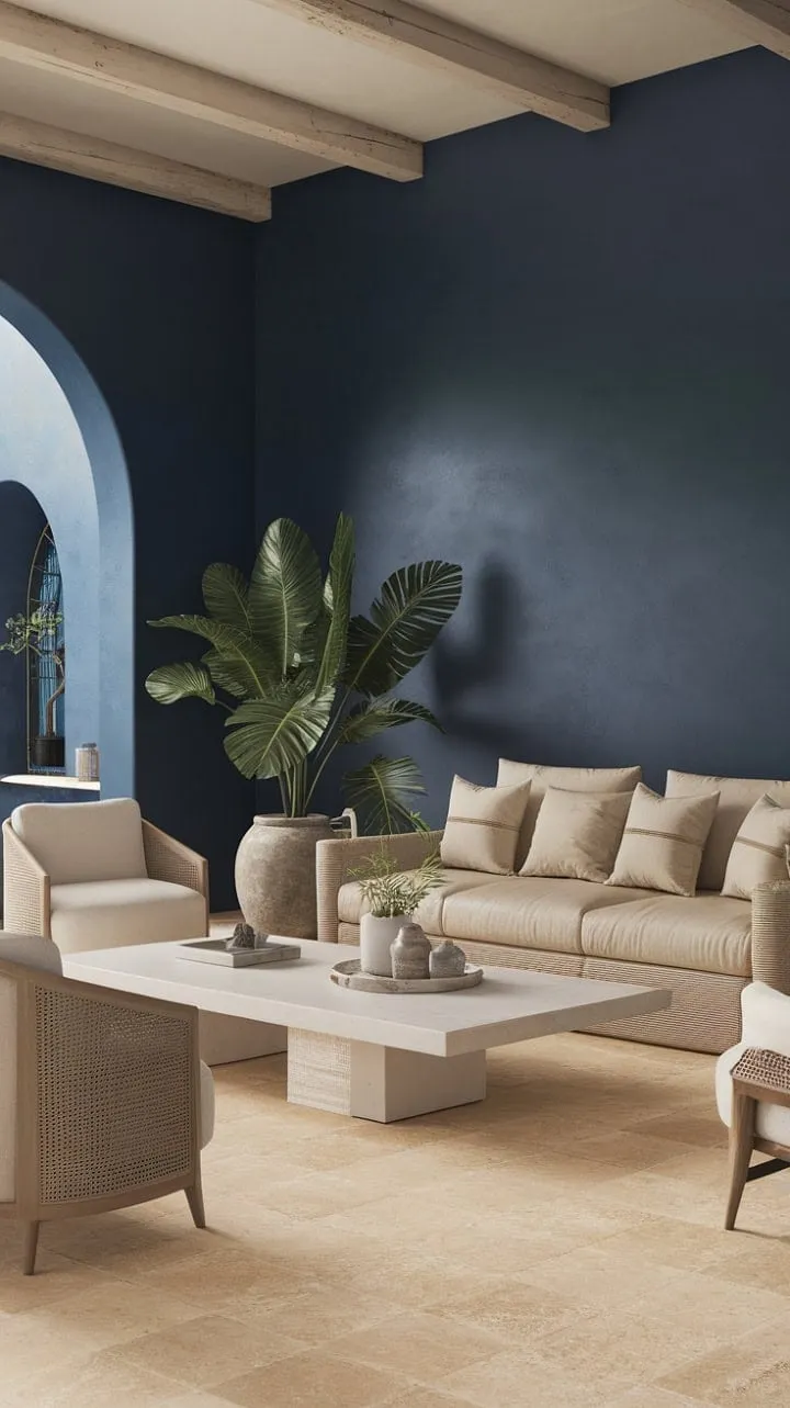 Sunlight bathes a serene Mediterranean retreat, where calming hues and elegant decor invite a soothing sense of tranquility.