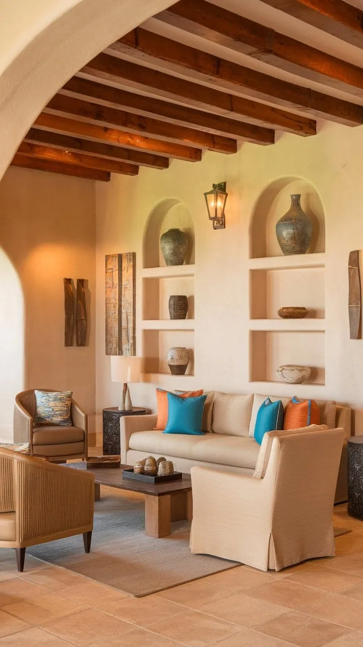 In a sun-drenched Mediterranean living room, rich textures and vibrant details invite you to bask in a serene and beautifully lived experience.