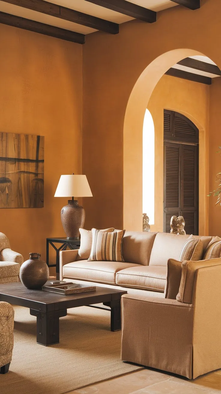 Warm orange walls and a Spanish-style archway create a welcoming Mediterranean living room ambiance