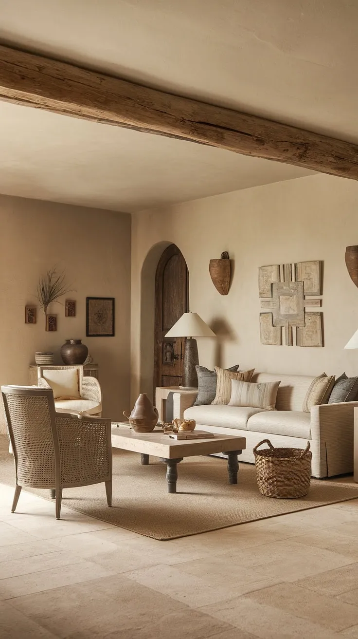 Earthy beige tones and simple Mediterranean furnishings create a calming living room atmosphere