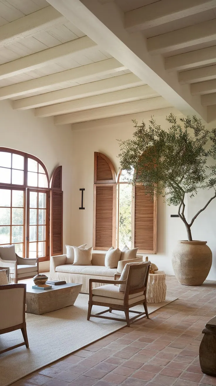 Sunlight streams into a spacious Mediterranean living room, its terracotta floors and wooden beams creating a warm, inviting atmosphere.
