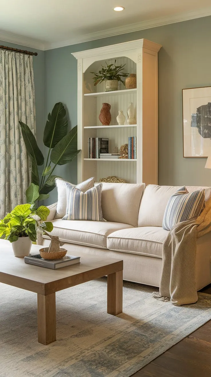 Warm lighting and soft blue walls create a serene Mediterranean living room atmosphere