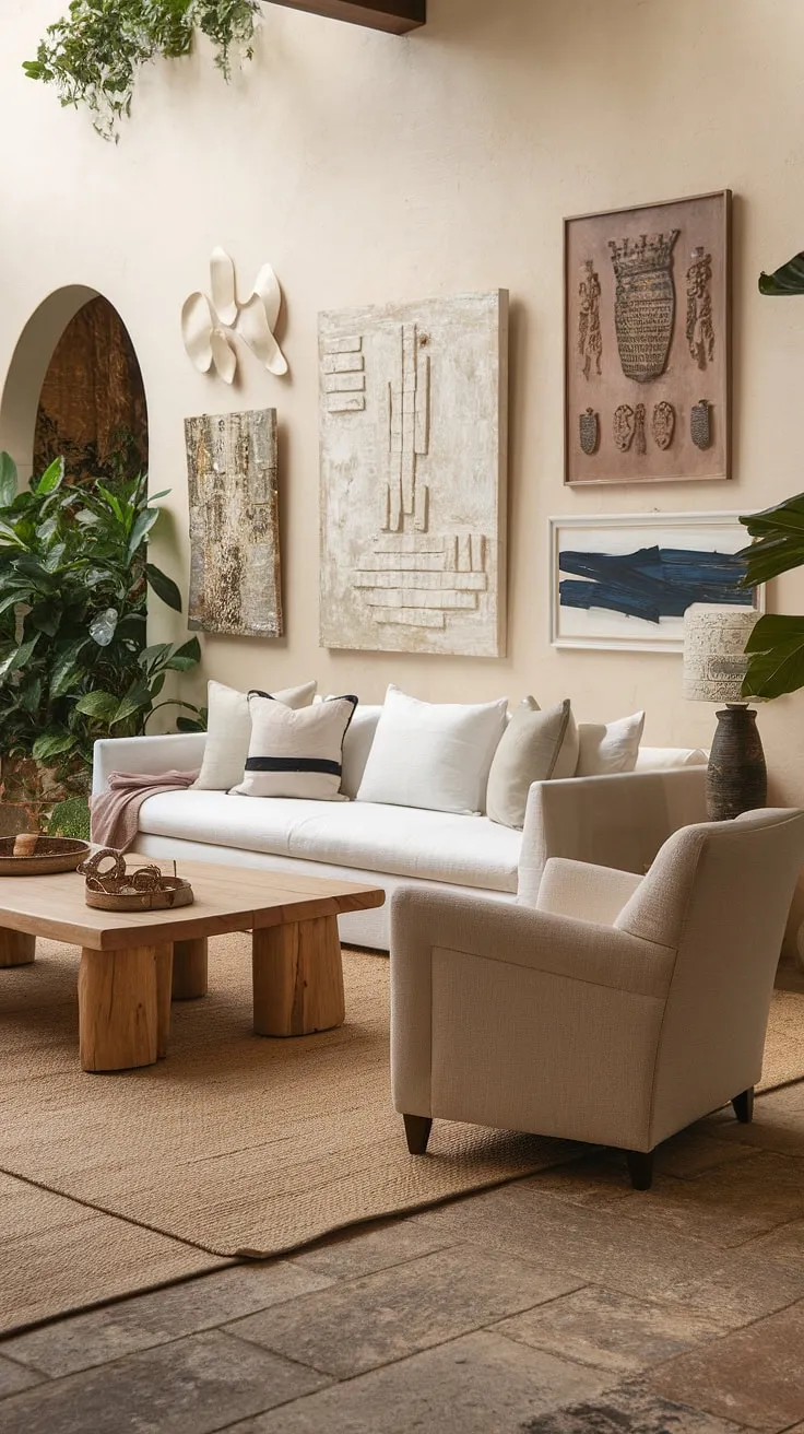 A white sofa anchors a Mediterranean-style living room, complemented by beige accents and natural elements.