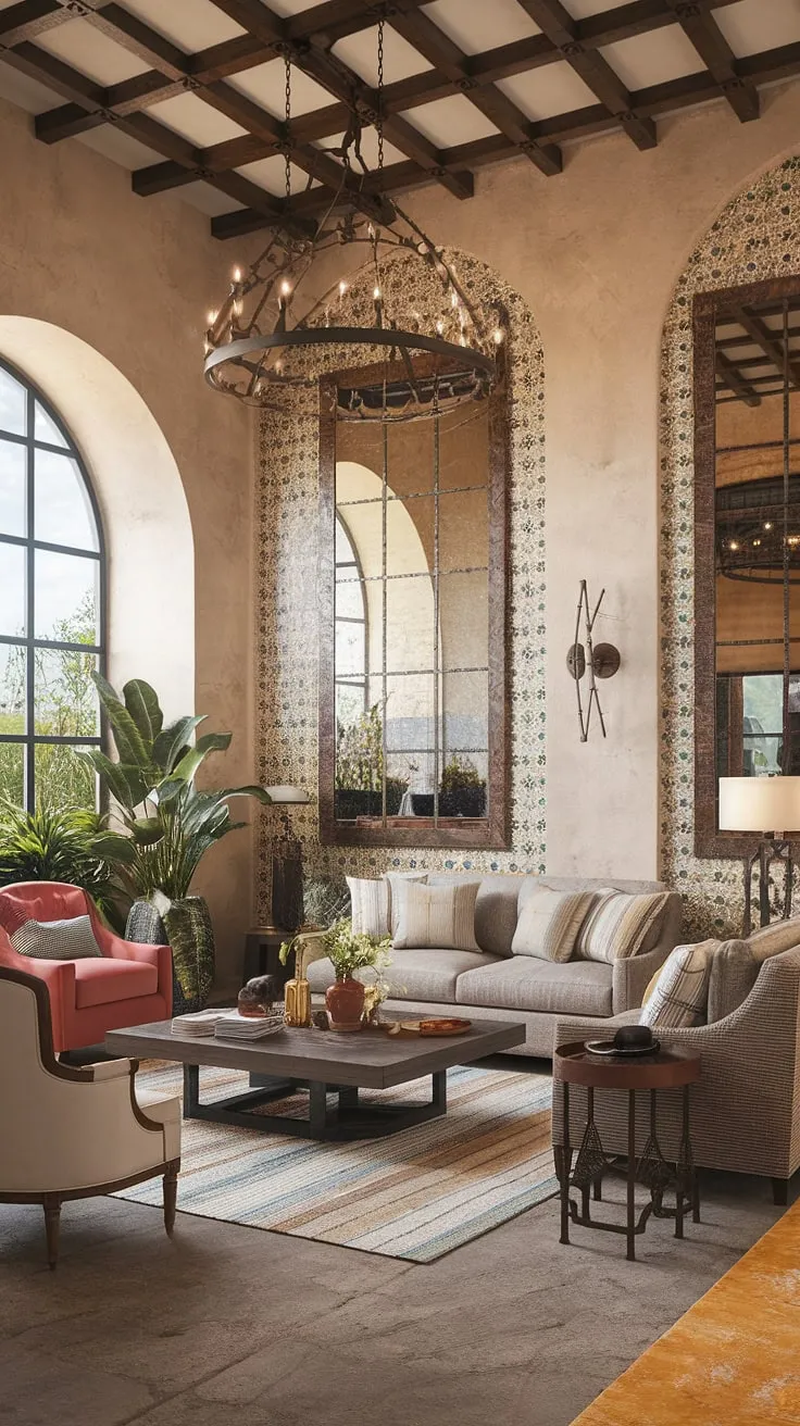 A high-ceilinged Mediterranean living room blends rustic charm and modern elegance, creating a warm and inviting space.