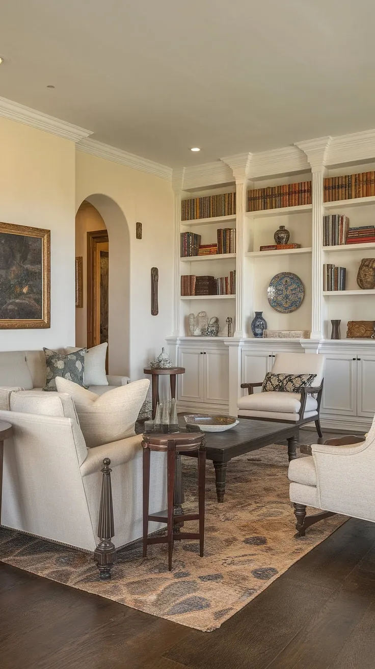 Warm Mediterranean charm fills a Spanish-style living room, showcasing rich wood tones and inviting textures.