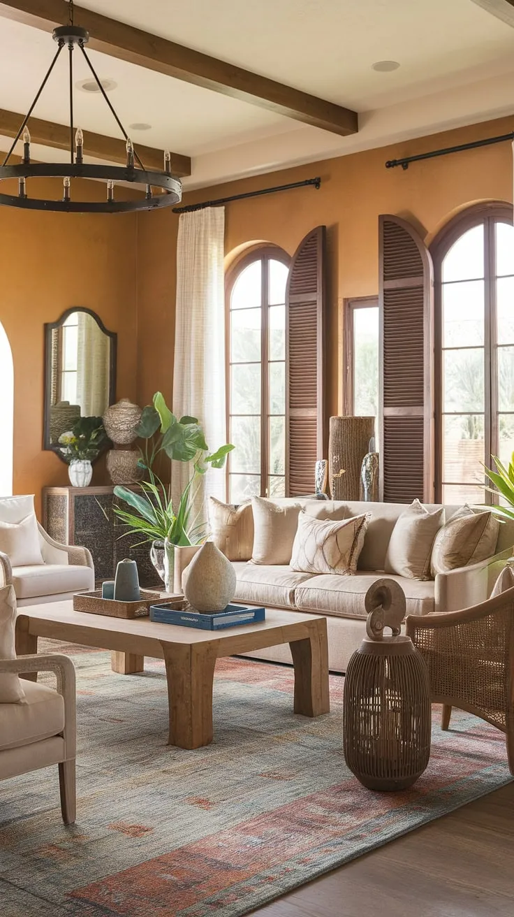Warm beige walls and a colorful rug create a welcoming Mediterranean living room ambiance