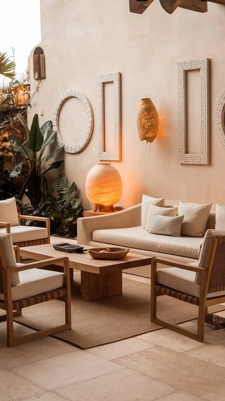 Warm lighting, beige tones, and tasteful décor create a relaxing Mediterranean living room.