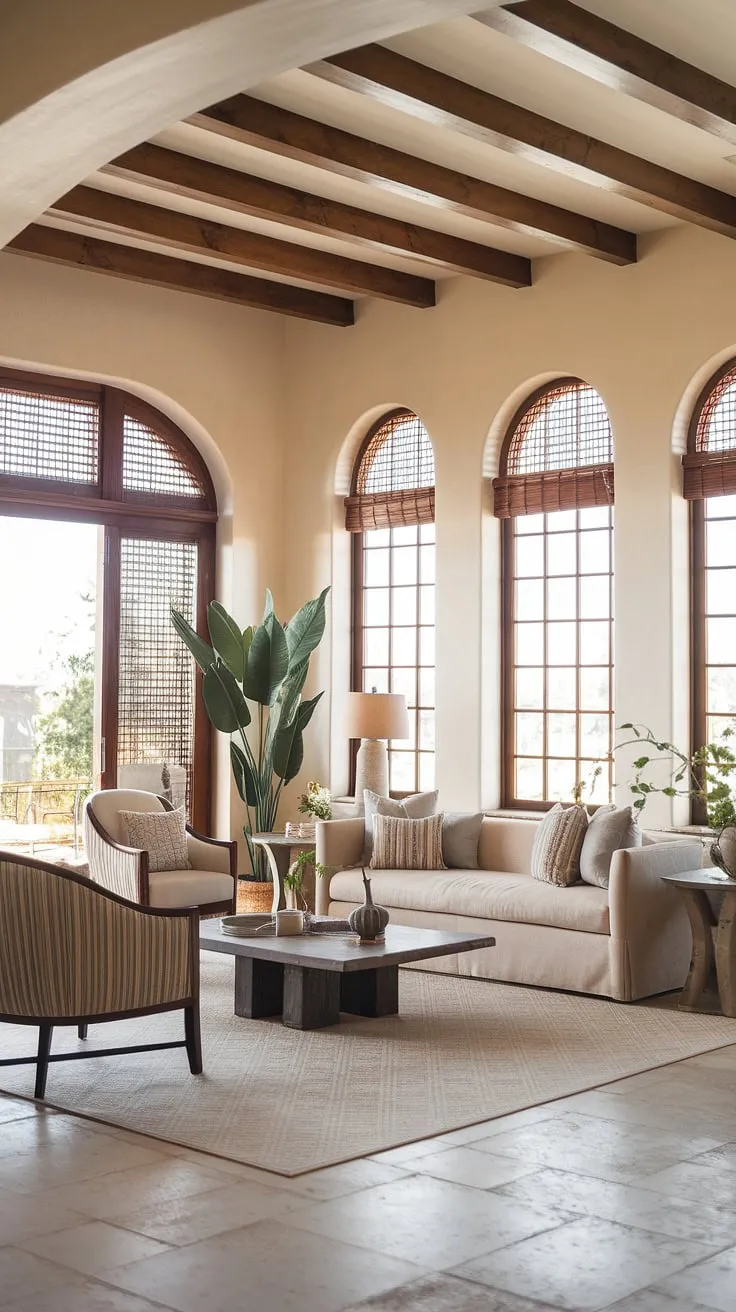 Sunlight streams into a relaxing Mediterranean living room, its beige palette warmed by wooden beams, terracotta tiles, and lush potted plants.