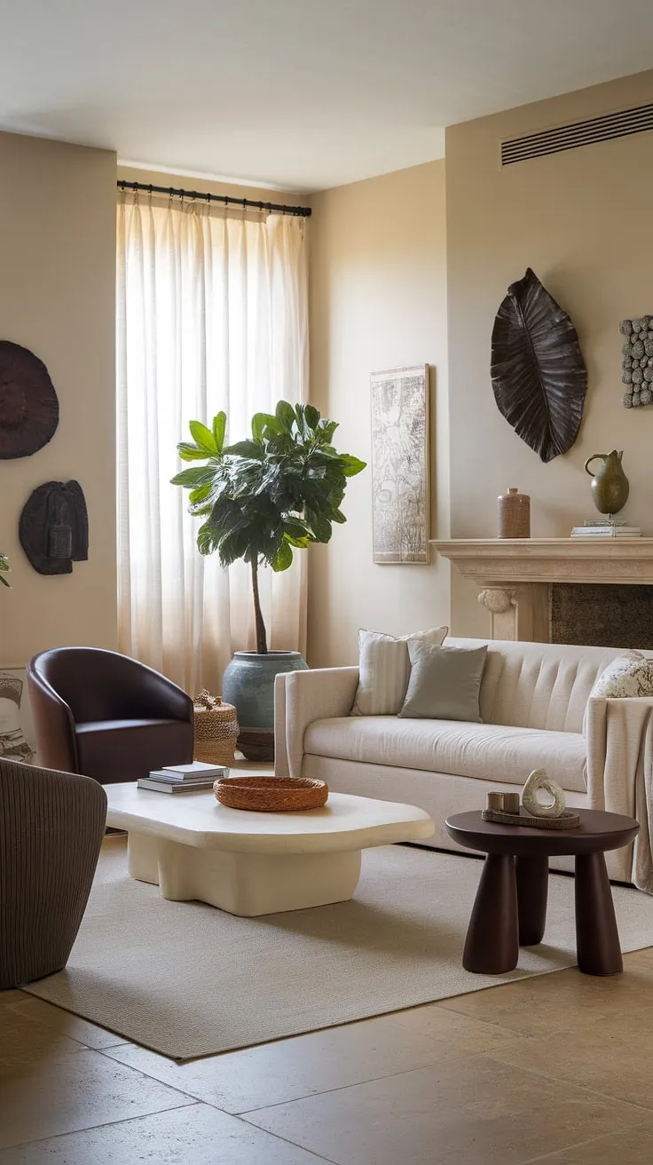 A beige sofa anchors a sun-drenched Mediterranean living room, complemented by dark wood and tiled floors.