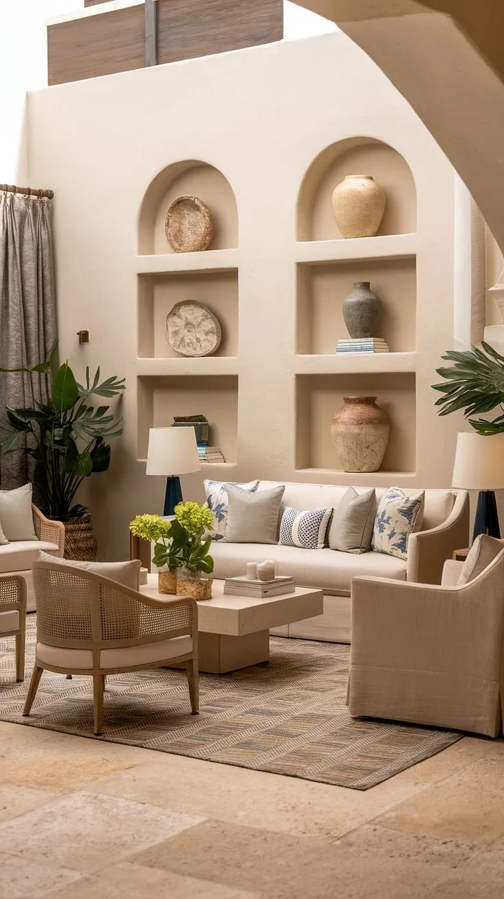 A sun-drenched Mediterranean living room exudes warmth and tranquility through its beige palette and tasteful decor.