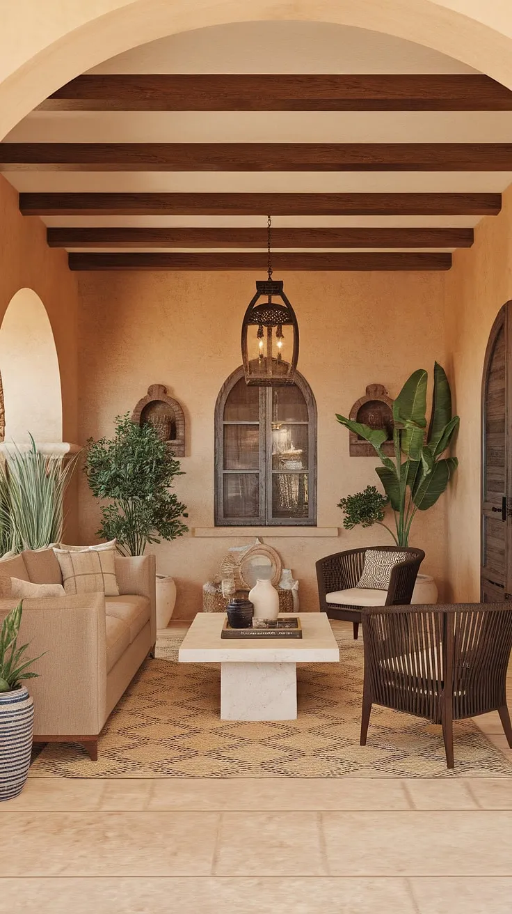 Warm lighting and Spanish-style décor create a welcoming Mediterranean living room.