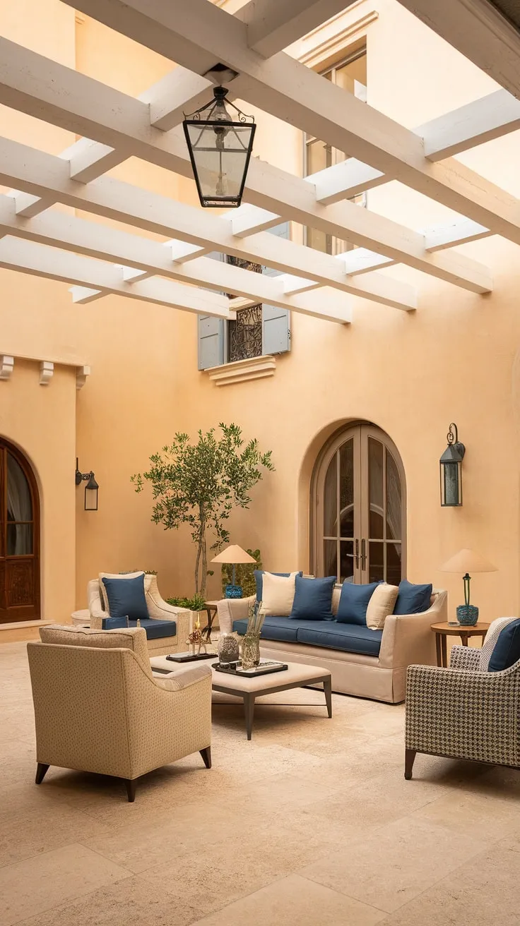A sun-drenched Mediterranean living room evokes tranquility with its airy design and calming palette.