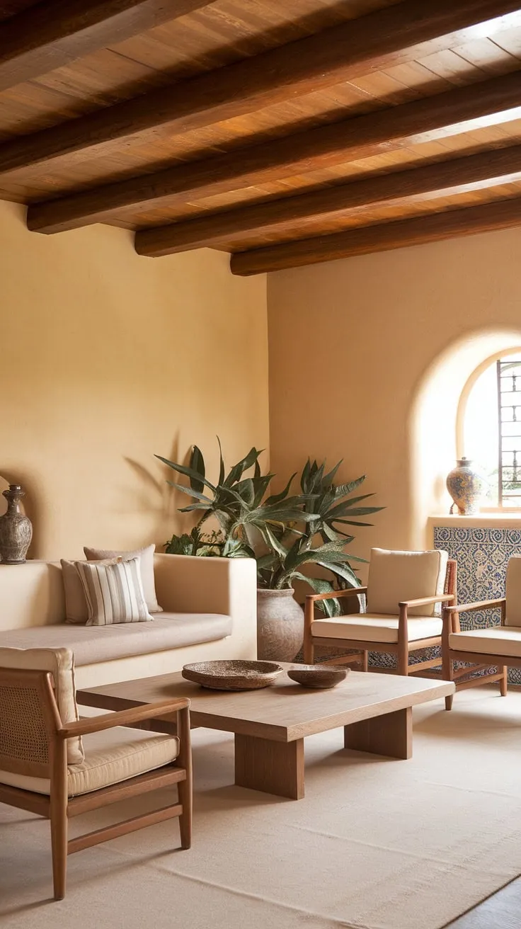 Warm beige walls, exposed wooden beams, and comfortable furnishings create a relaxing Spanish-Mediterranean living room.