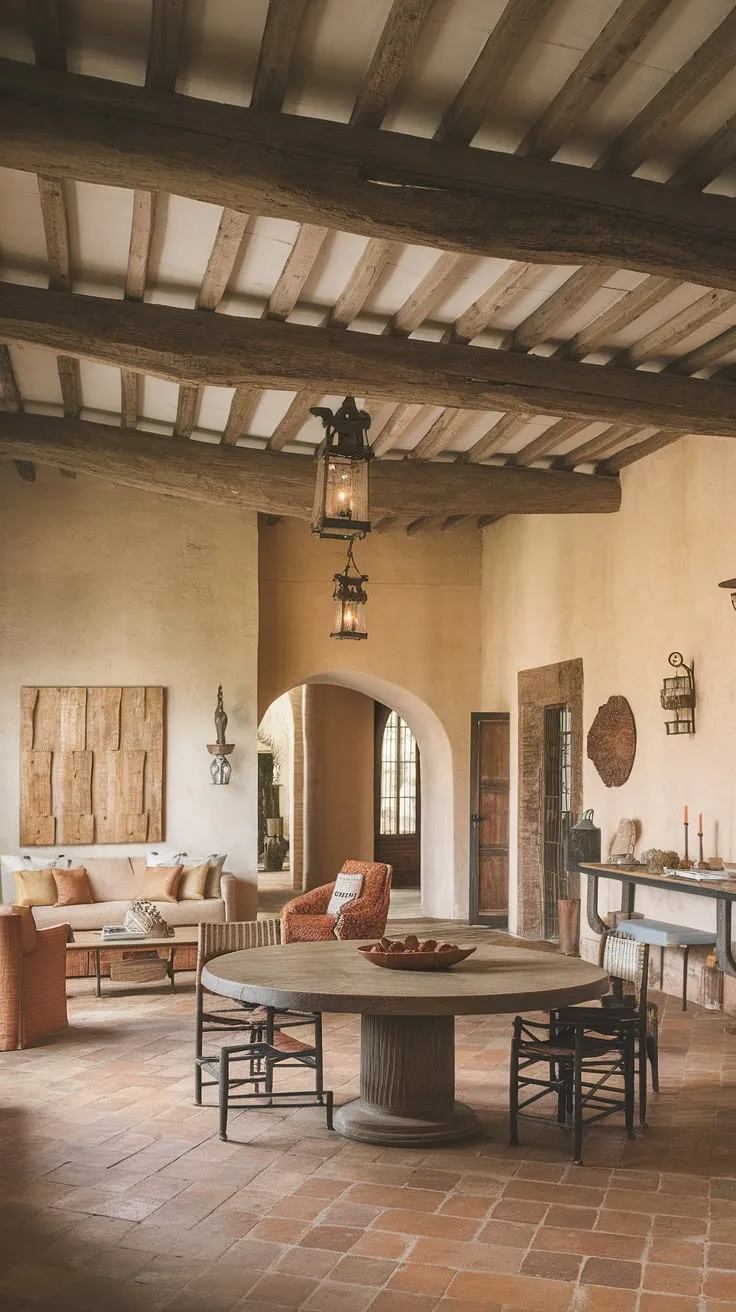 A high-ceilinged space with terracotta floors and ample seating evokes a charming Mediterranean atmosphere.