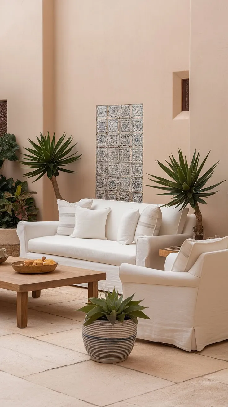 Elegant Mediterranean-style living room design features a calming beige palette and pops of greenery