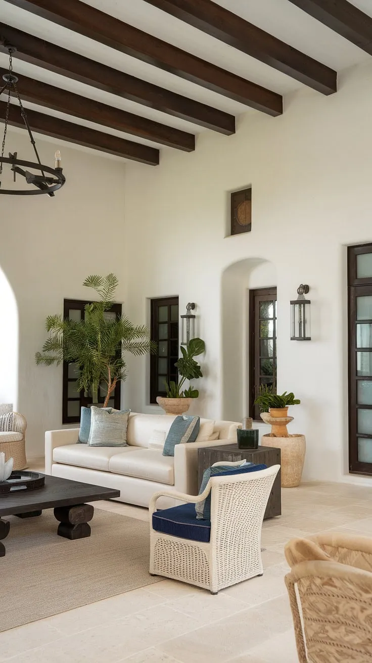 Elegant Mediterranean design fills a high-ceilinged living room with light and dark wood accents