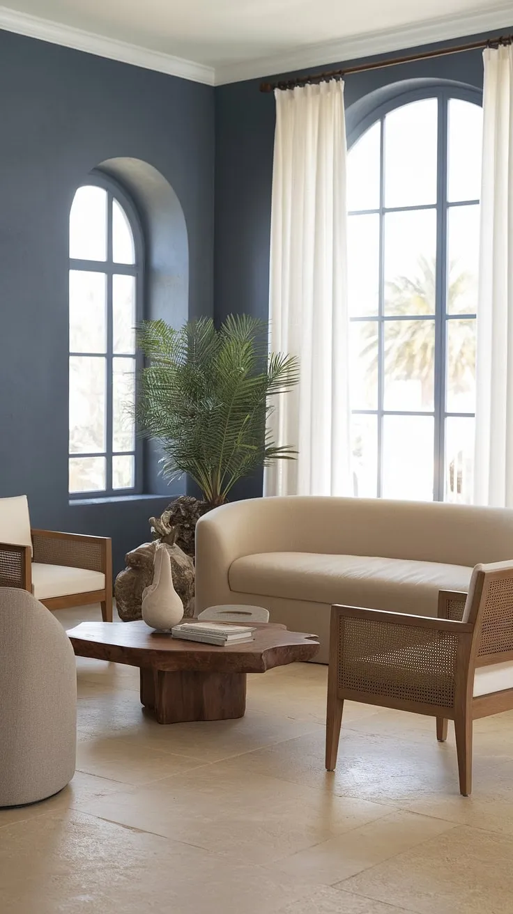 A serene Mediterranean living space boasts blue walls, beige accents, and natural light.
