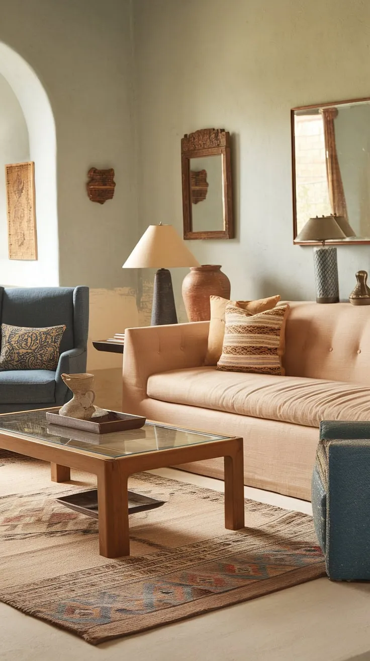 Warm hues, patterned textiles, and classic Mediterranean details create a relaxing living room haven.