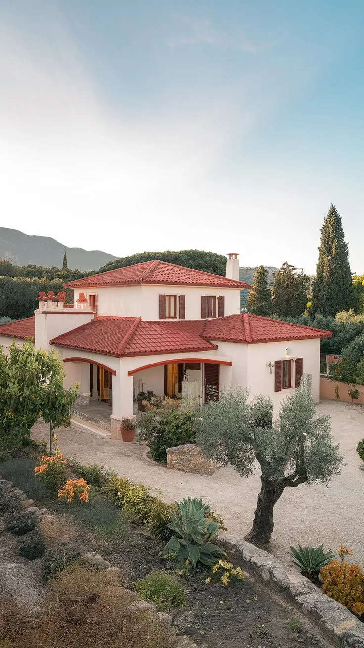 A sun-drenched Mediterranean villa, nestled amongst vibrant gardens and majestic mountains, evokes idyllic escape