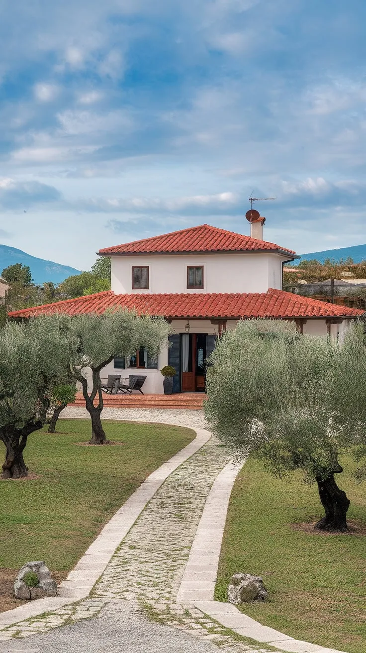 The picturesque Mediterranean villa, nestled amongst olive trees and boasting a red-tiled roof, promises tranquility and breathtaking views.