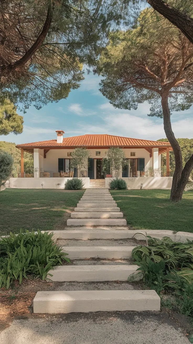 A sun-drenched Mediterranean villa, its red roof and white walls nestled amongst lush greenery, promises idyllic serenity.