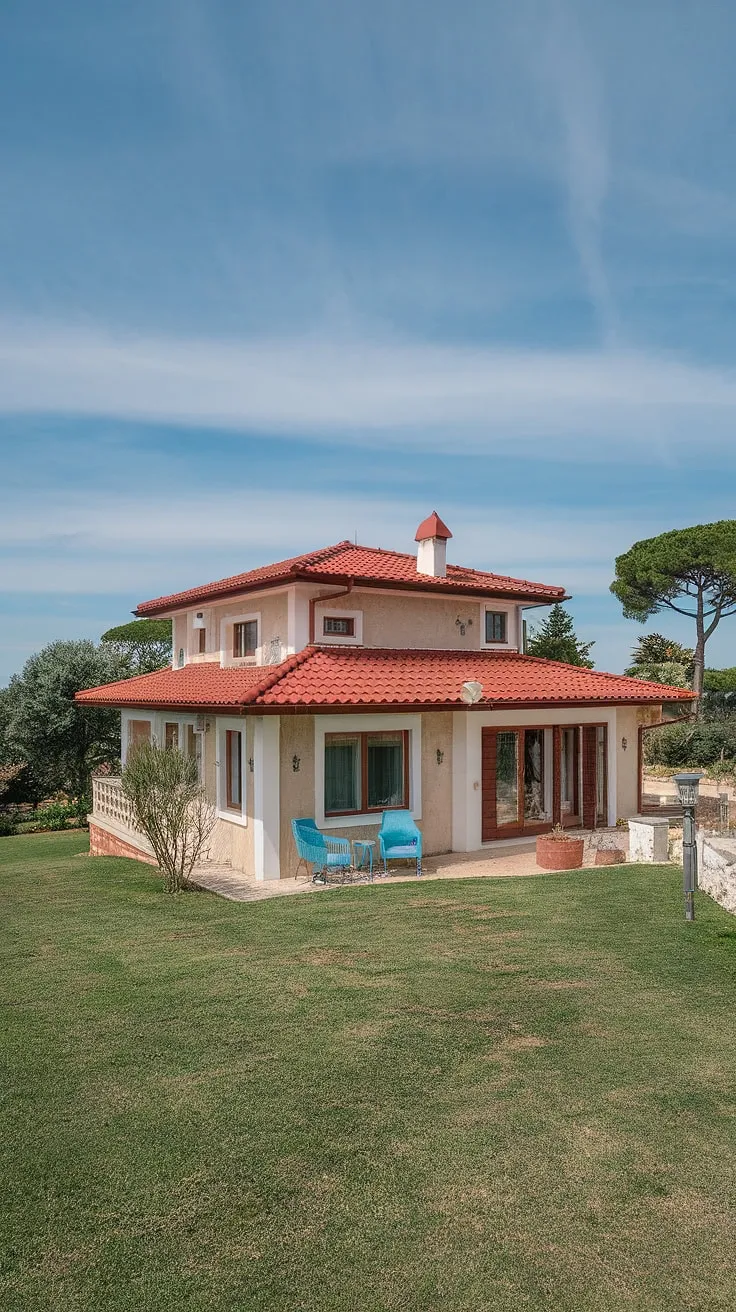 The picturesque Mediterranean villa, with its red roof and lush garden, promises tranquility and beauty.