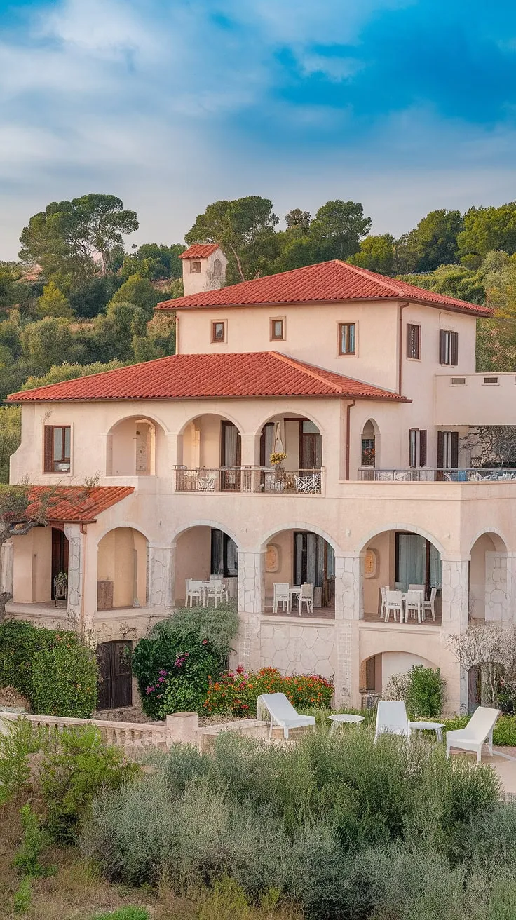 A sun-drenched Mediterranean villa, with its red roof and whitewashed walls, offers a picturesque retreat amidst lush greenery.