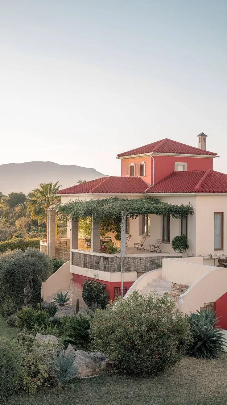 Elegant columns and shaded terraces invite relaxation at this picturesque Mediterranean villa overlooking a serene landscape.