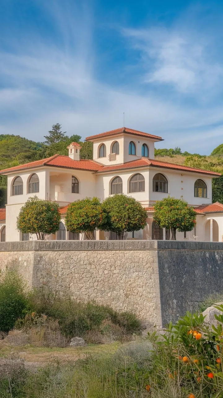 Nestled on a hillside, this enchanting Mediterranean villa boasts a vibrant red roof and white facade, offering a serene escape amidst fragrant orange blossoms.