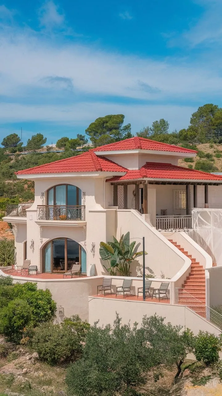 Sunlight dances on the terracotta roof of a Mediterranean villa, where whitewashed walls and lush greenery create a serene invitation to explore its charming balcony and elegant staircase.