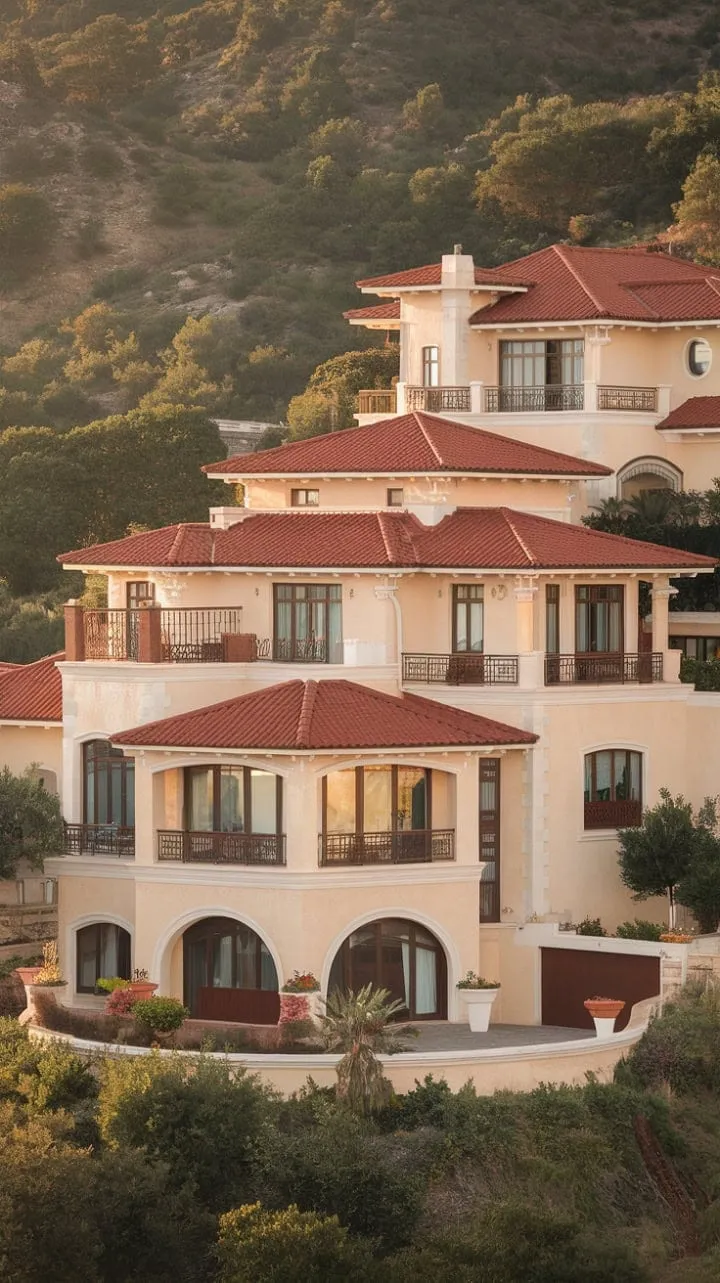 Bathed in sunlight, this enchanting Mediterranean villa, surrounded by verdant foliage, offers a serene retreat with its multi-level terraces, harmonizing architectural elegance with the beauty of nature.