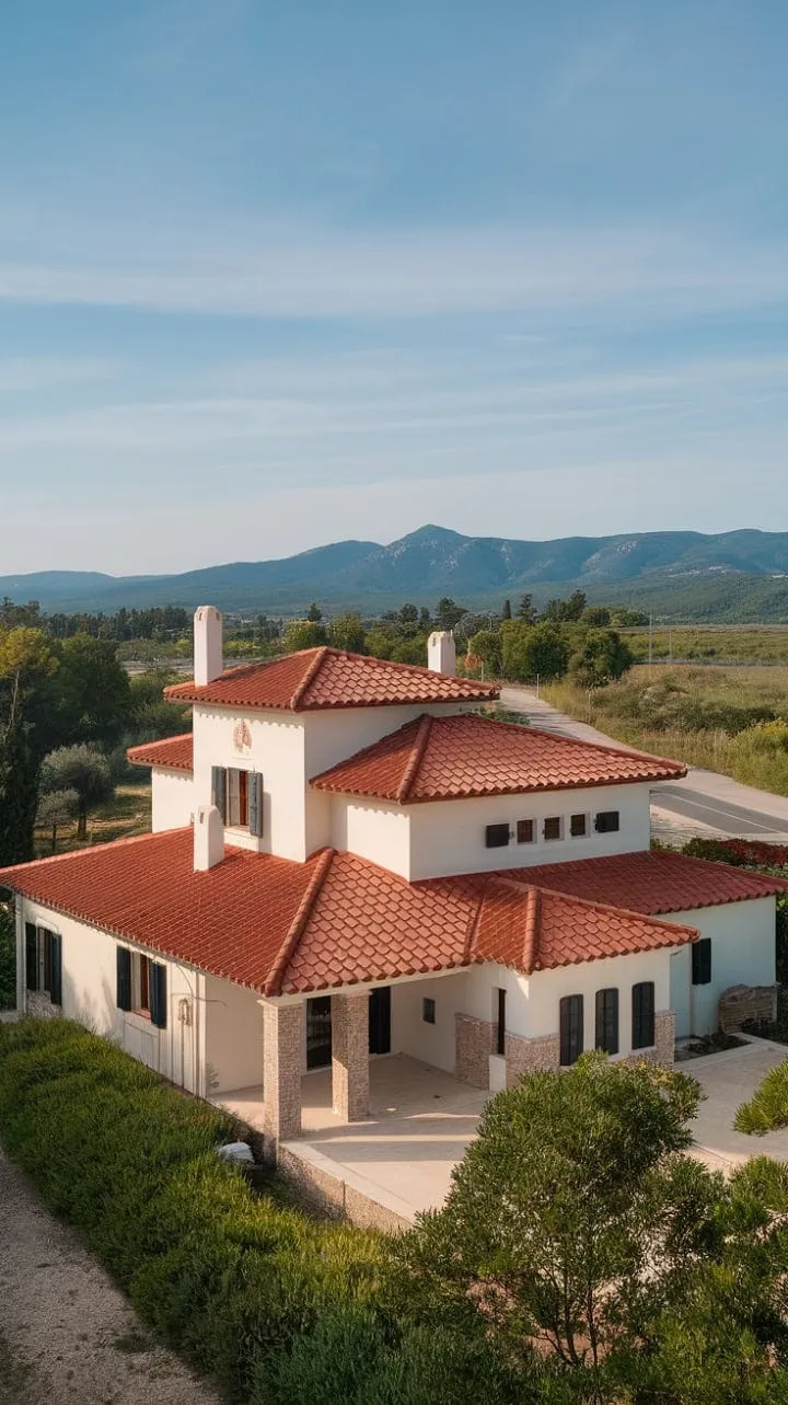 Bathed in sunlight, a Mediterranean villa with gleaming white walls and ancient stone pillars offers a serene escape amidst rolling hills.