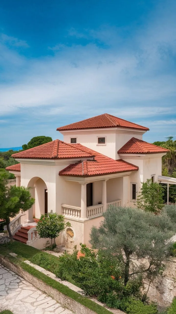 Nestled in lush greenery, this enchanting Mediterranean villa exudes timeless beauty, inviting you to dream of the stories woven into its sunlit embrace beneath a clear blue sky.