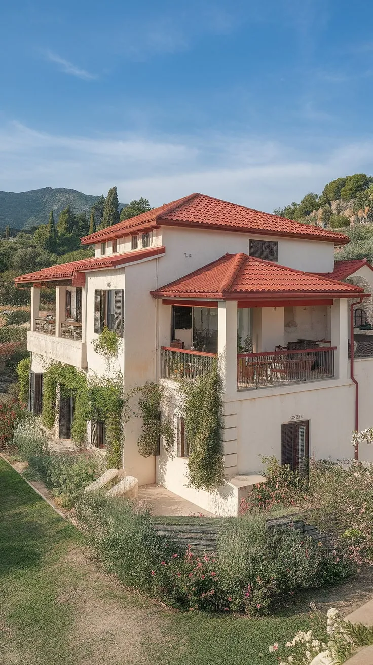 Whitewashed walls and a terracotta roof define this idyllic Mediterranean escape nestled amongst flourishing flora and stunning mountain vistas.