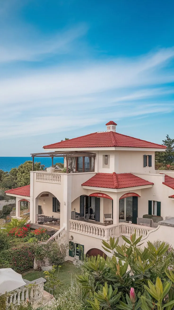 A sun-drenched Mediterranean villa, boasting red roofs and white walls, overlooks the azure sea.