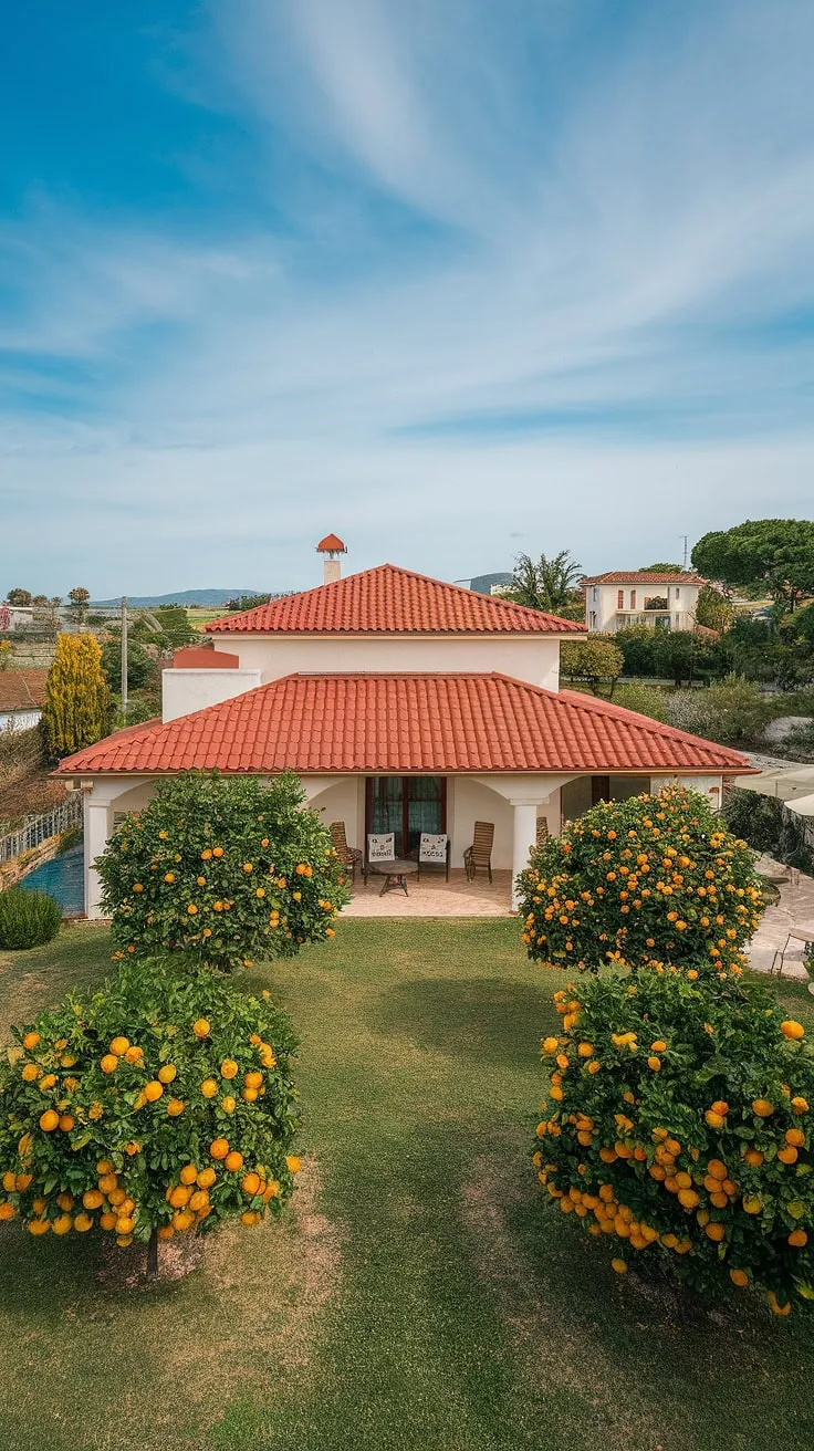 A sun-drenched Mediterranean villa, with red roof and white walls, nestles amidst a fragrant citrus grove under a clear blue sky.