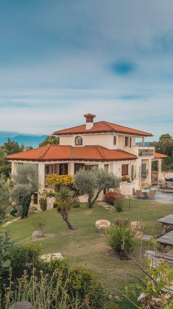 A sun-drenched Mediterranean villa, nestled amongst vibrant greenery and overlooking majestic mountains, exudes idyllic charm