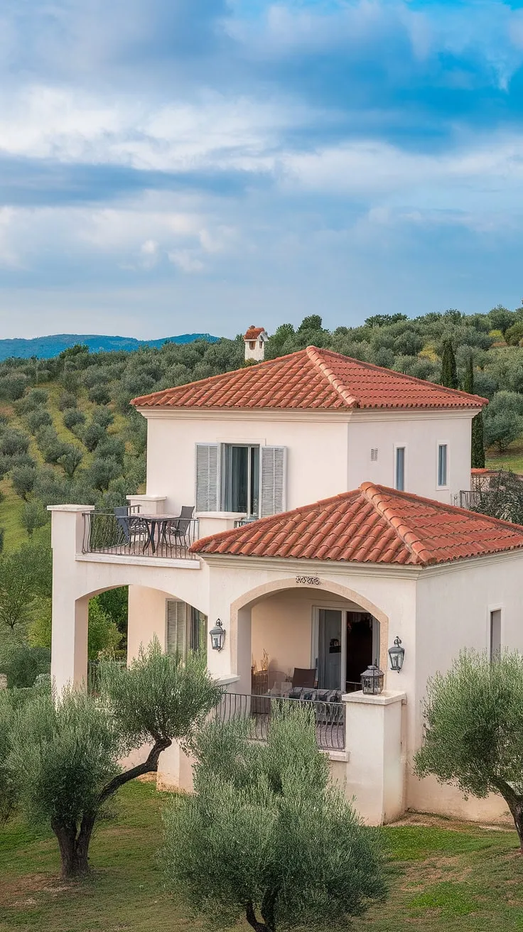 A sun-drenched Mediterranean villa, nestled amongst olive trees, offers idyllic outdoor living.