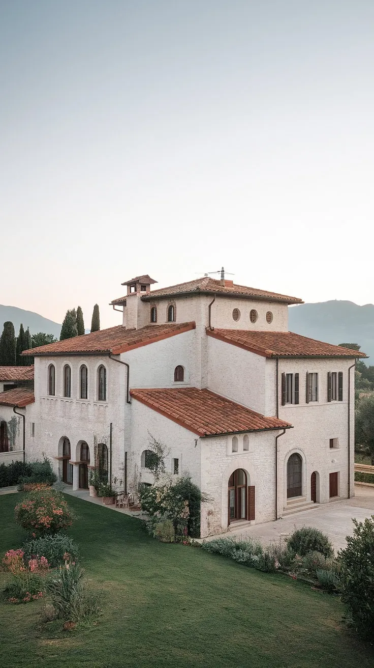 A sun-drenched Italian villa, its white stone and red tile roof showcasing Mediterranean elegance against a backdrop of vibrant gardens and majestic mountains
