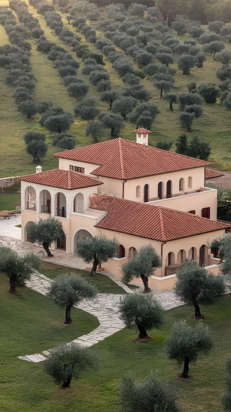 A serene Mediterranean villa, nestled amongst olive trees, beckons with its red-tiled roof, white walls, and arched windows.