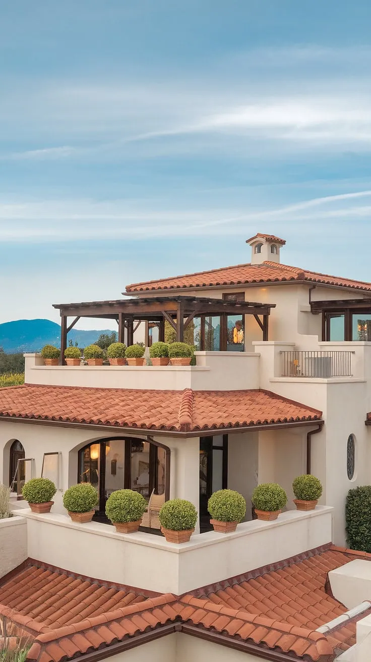 A stunning Mediterranean villa, perched against a backdrop of mountains and sky, offers a warm and inviting blend of modern and traditional design.