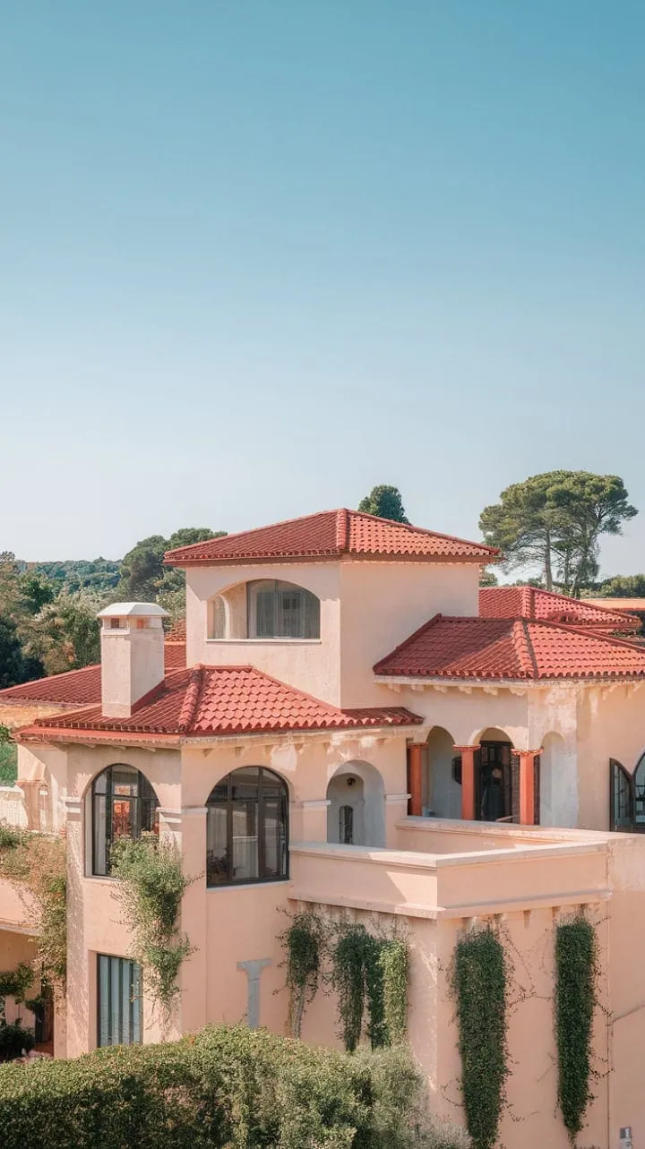 Bathed in sunlight, this Mediterranean villa with terracotta roofs and climbing vines offers timeless elegance, stunning views, and a serene escape.
