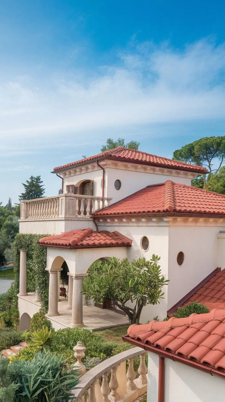 Basking under the sun, this Mediterranean villa with its terracotta roof and whitewashed walls offers a serene retreat amidst rustling leaves and an endless azure sky.