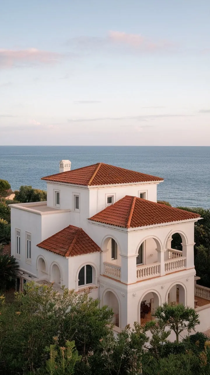 Nestled amidst lush greenery, a stunning Mediterranean villa with gleaming whitewashed walls and a red-tiled roof invites you to bask in its timeless elegance and the soothing whispers of the nearby sea.